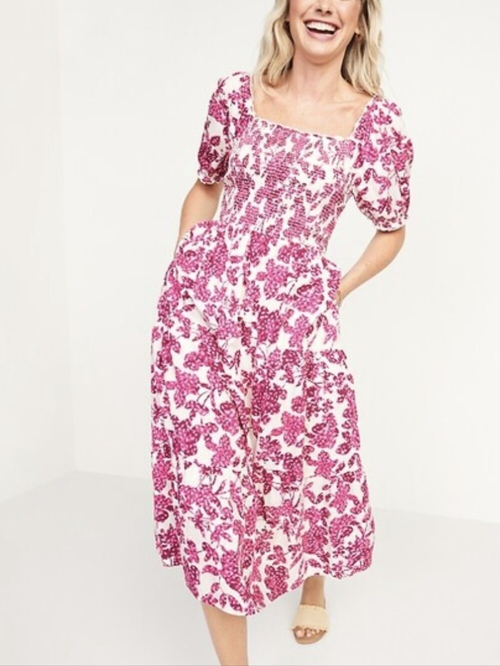 Old Navy Fit & Flare Puff-Sleeve Tiered Floral Midi Dress